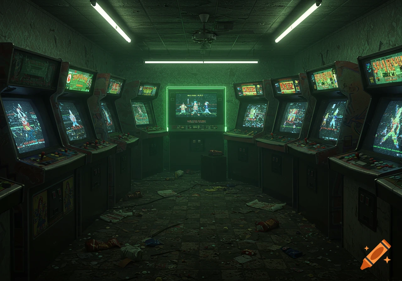 An atmospheric, dark, and messy abandoned arcade with rows of old, glowing green arcade machines. The floor is littered with trash.