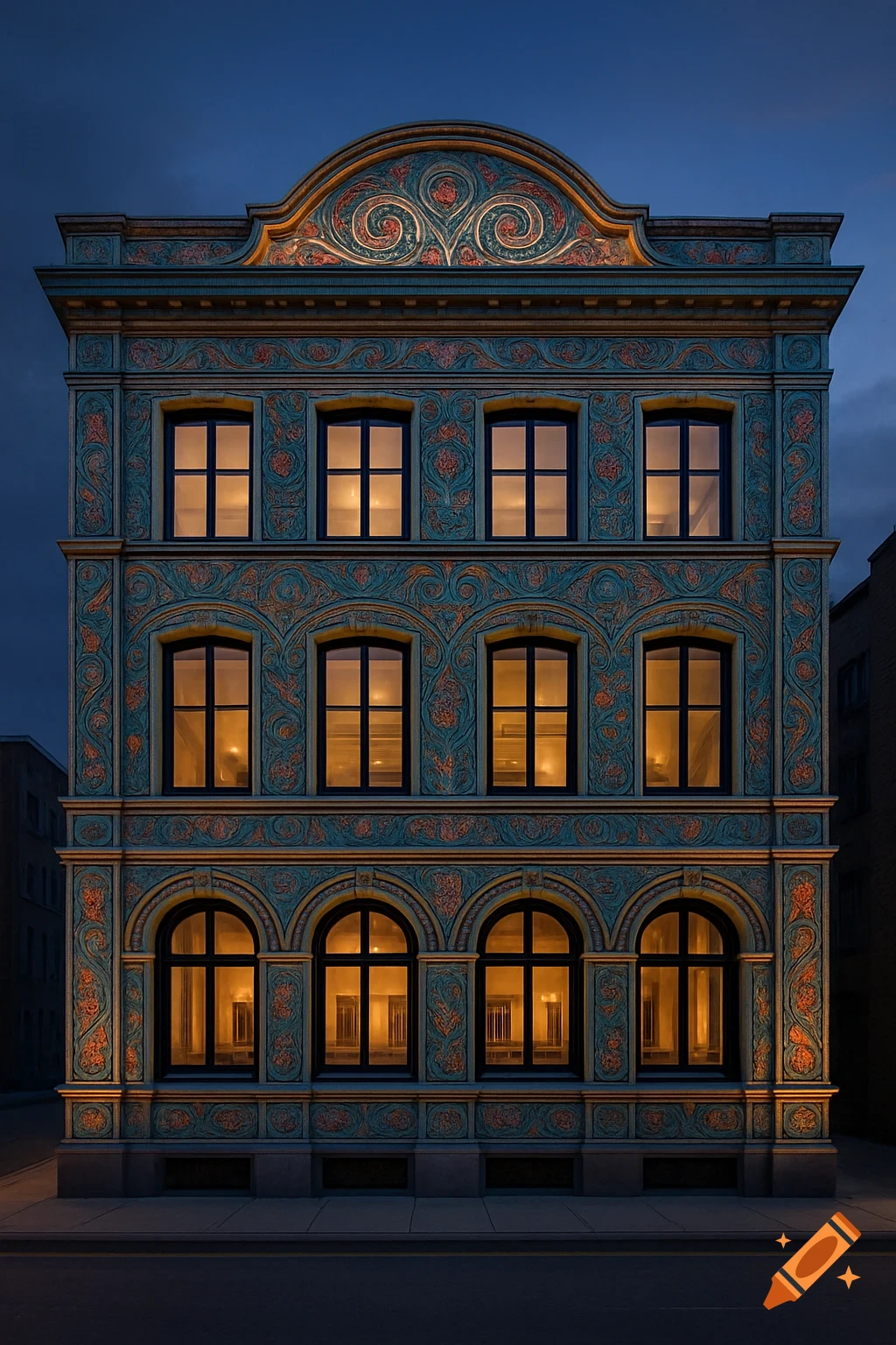 A photorealistic ornate building facade with teal and orange patterns, lit from within at dusk.