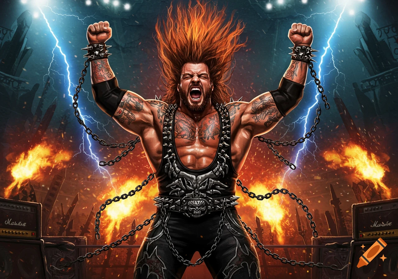 An illustration of a muscular pro wrestler with spiky orange hair, tattoos, and chains, screaming with his fists raised. Lightning flashes and fire burns in the background.