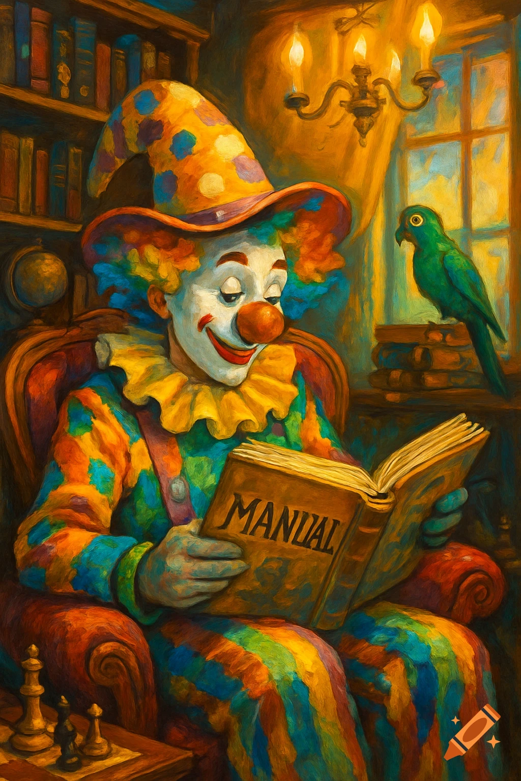 A colorful clown in a polka-dot hat reads a book titled "MANUAL" in a painterly style, with a parrot and bookshelf in the background.