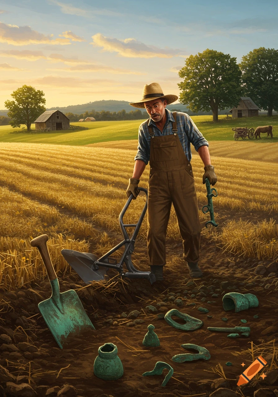 A farmer plows a golden field at sunset, discovering ancient green bronze artifacts and tools in the rich soil.