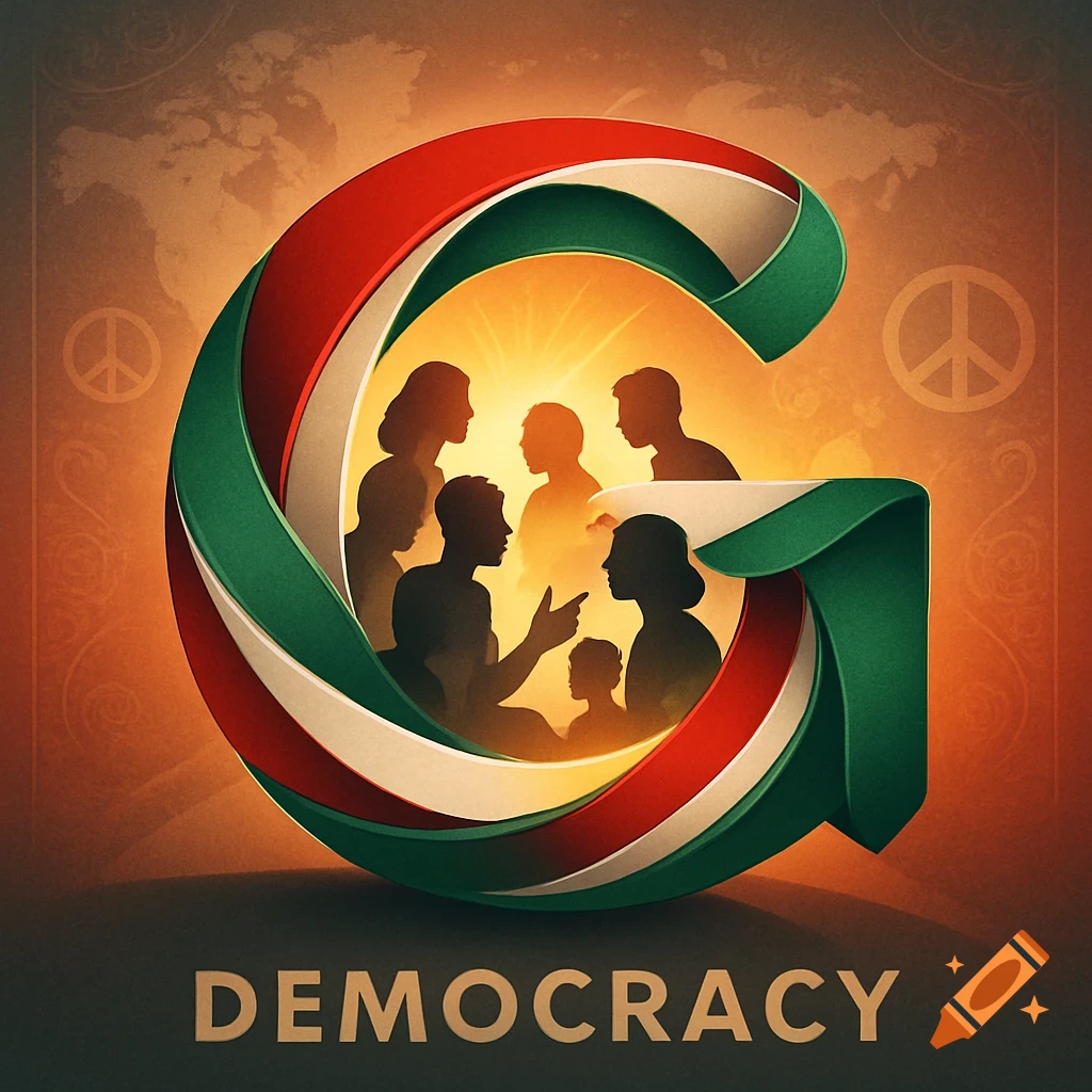 A large stylized letter G in red, white, and green with silhouetted people inside, with 'DEMOCRACY' text below.