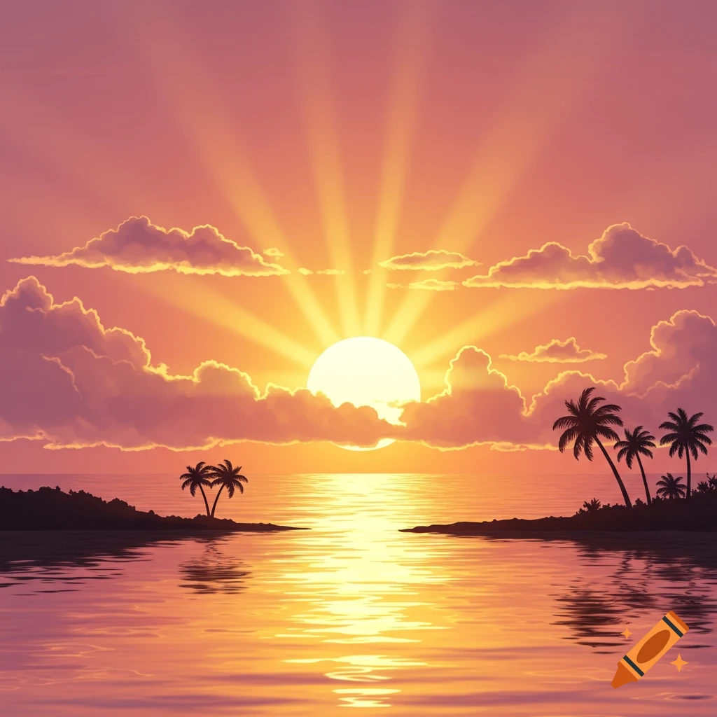 Vibrant cartoon sunset over a tropical ocean with palm tree silhouettes and golden light reflecting on the water.