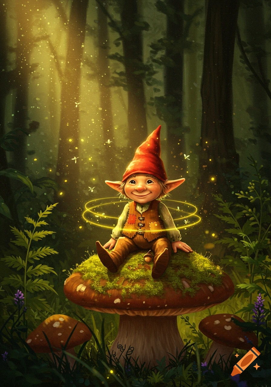 A cheerful gnome with a red hat and pointed ears sits on a mossy mushroom in a magical, glowing forest.