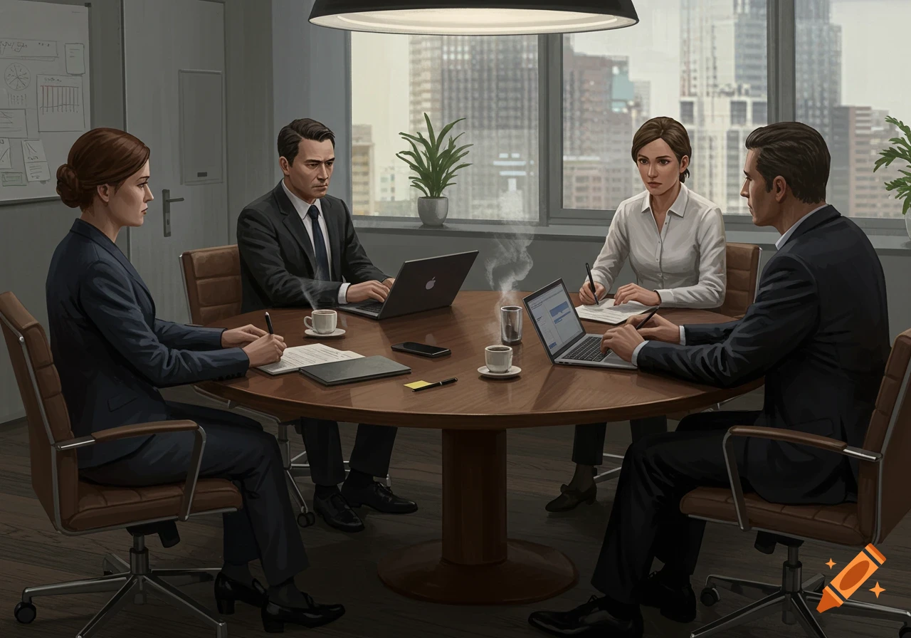 Four professionals in business attire sit around a dark wooden conference table, some working on laptops, others writing on papers, in a modern office with city views.