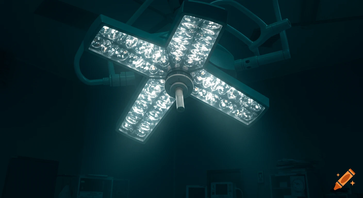 A brightly lit surgical light hangs from the ceiling in a dark, ominous operating room.