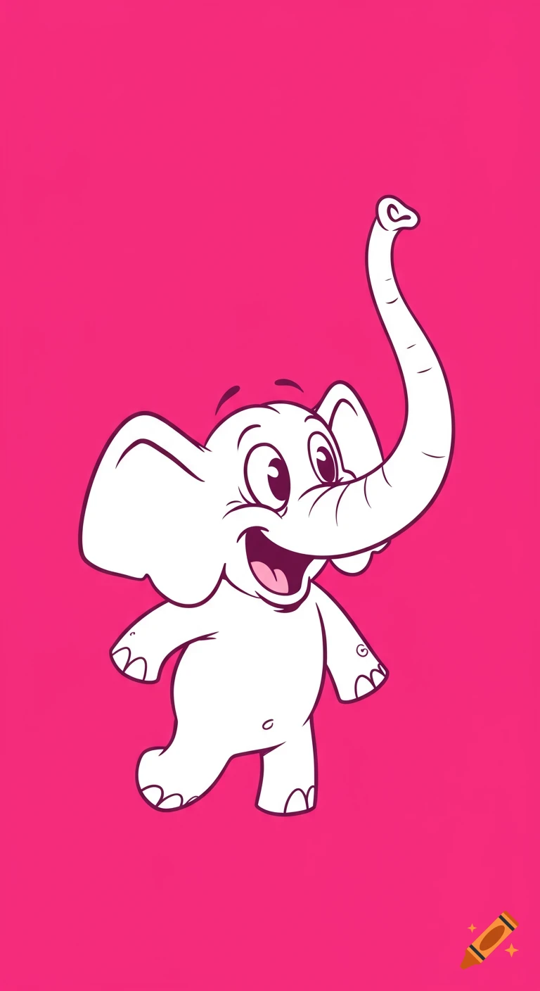 A happy white cartoon elephant with its trunk raised against a bright pink background.