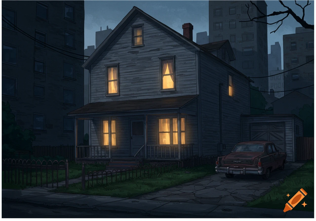An illustrated, slightly dilapidated house with glowing windows at night, a vintage car in the driveway, and city buildings in the background.