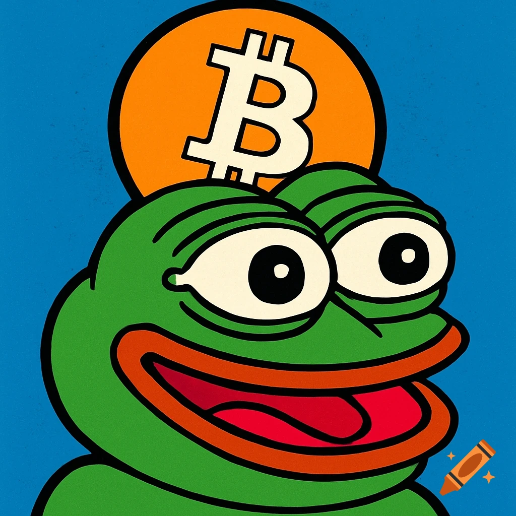 Cartoon illustration of Pepe the Frog with a large orange Bitcoin logo above its head against a blue background.
