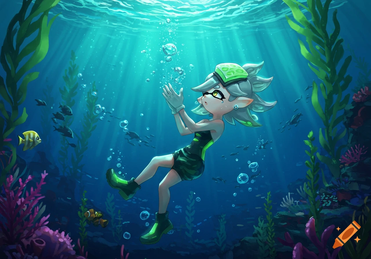 Anime-style character Marie from Splatoon holding her breath deep underwater, surrounded by seaweed and fish, with sun rays from above.