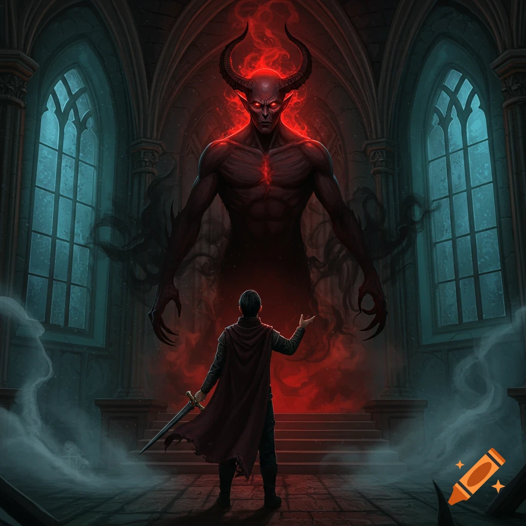 A man with a sword and red cape stands before a towering, horned red demon with glowing eyes in a dark, gothic cathedral.