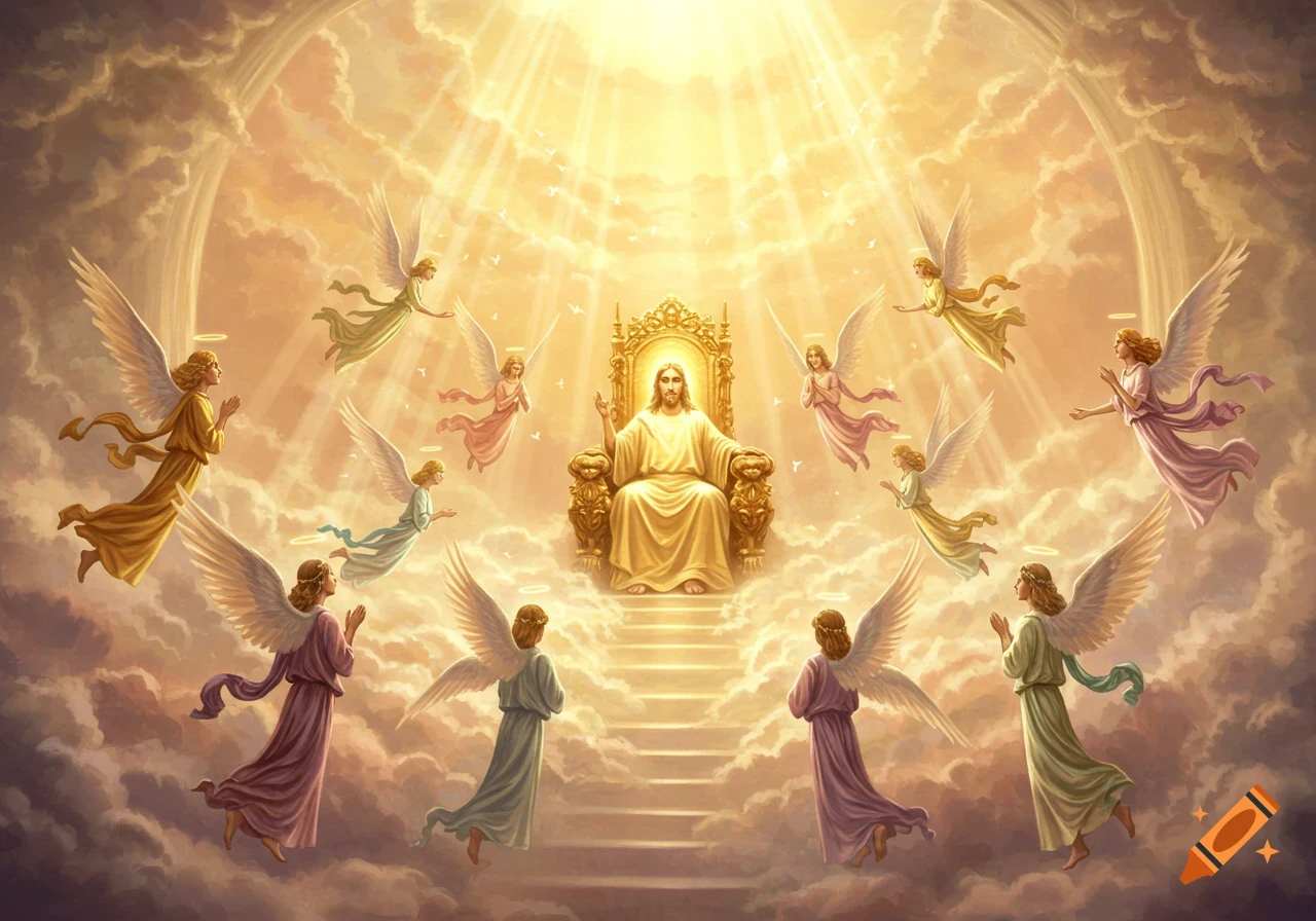 Jesus on a golden throne in a cloudy heaven, surrounded by many angels bathed in golden light.