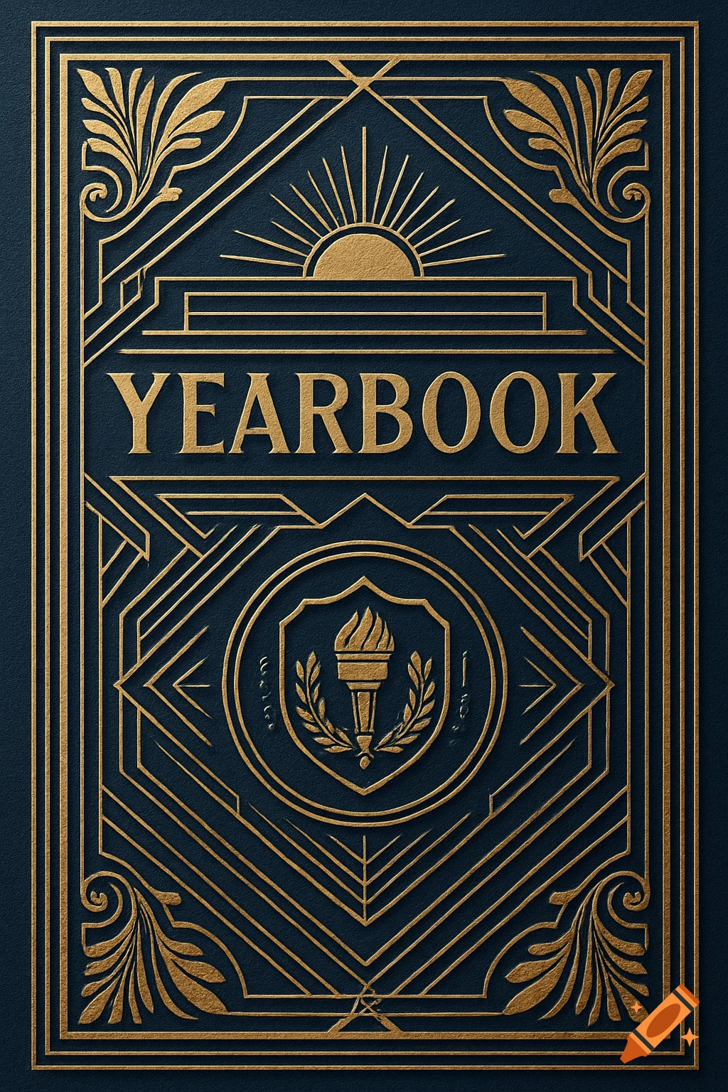 An ornate Art Deco style yearbook cover in dark blue with gold foil text 'YEARBOOK' and a torch emblem.