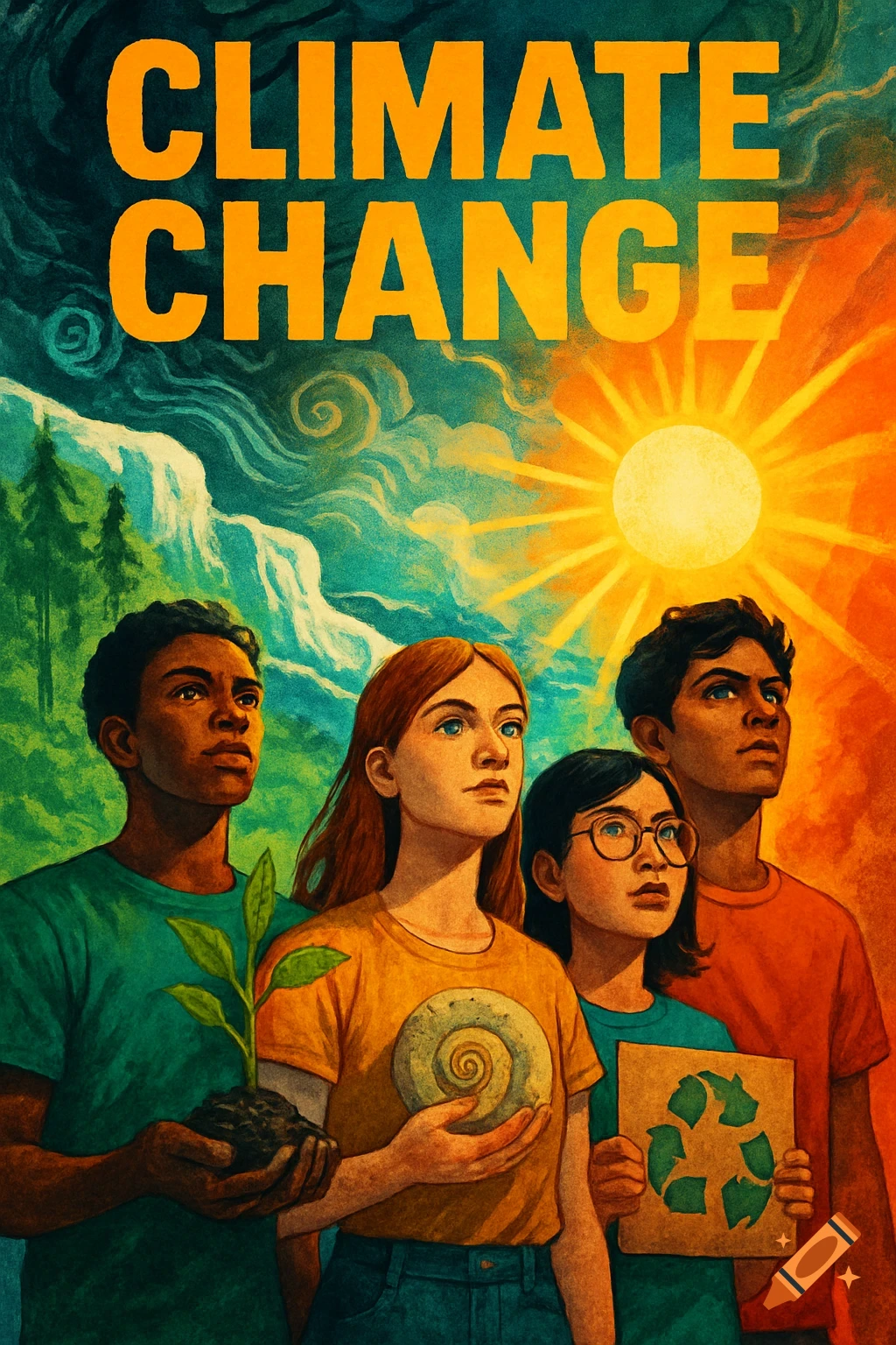 Painterly poster of diverse youth with environmental symbols (plant, shell, recycling), looking up at a sky depicting nature and a burning sun. Text: CLIMATE CHANGE.