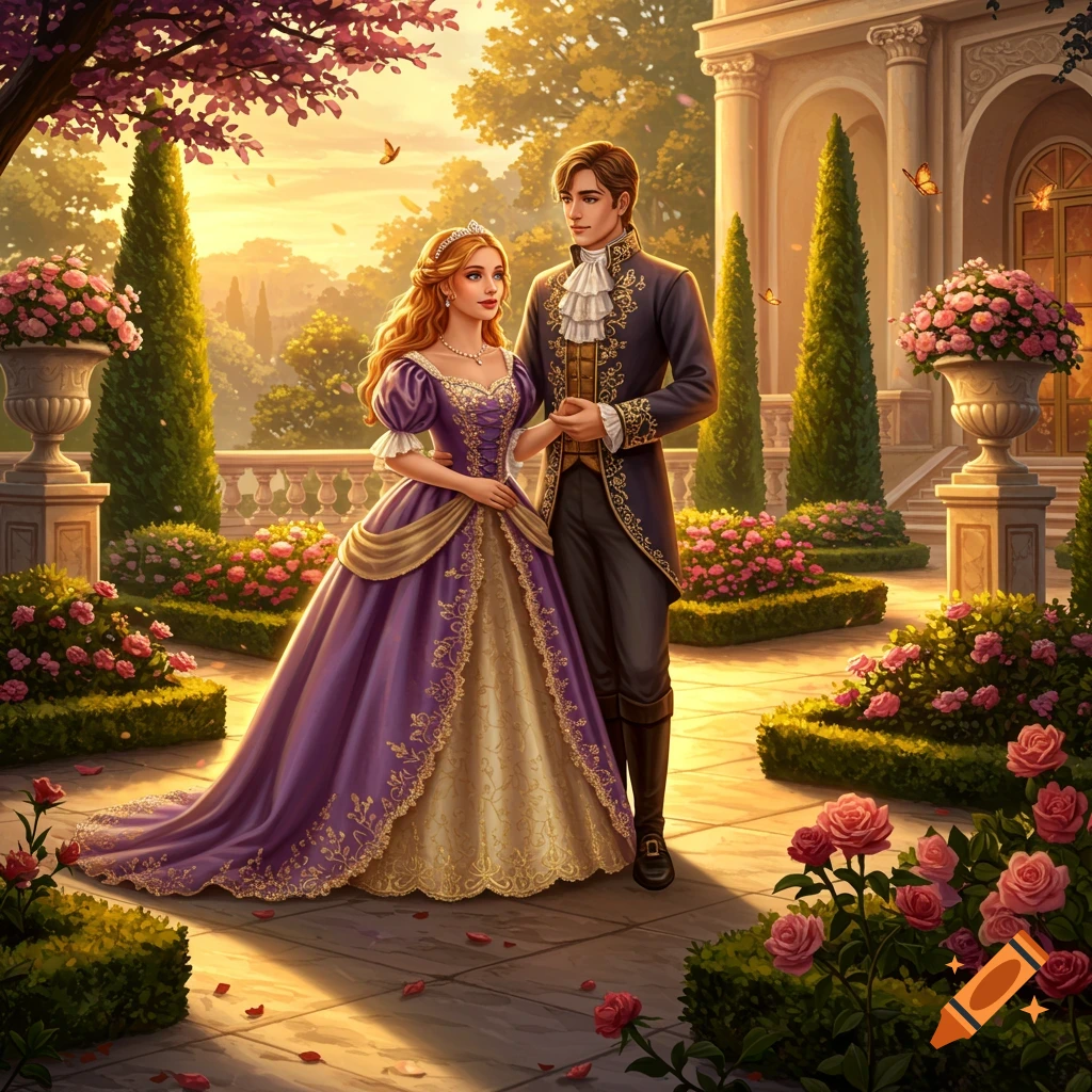 Illustrative image of a prince and princess in elaborate attire walking through a beautiful palace garden at sunset.