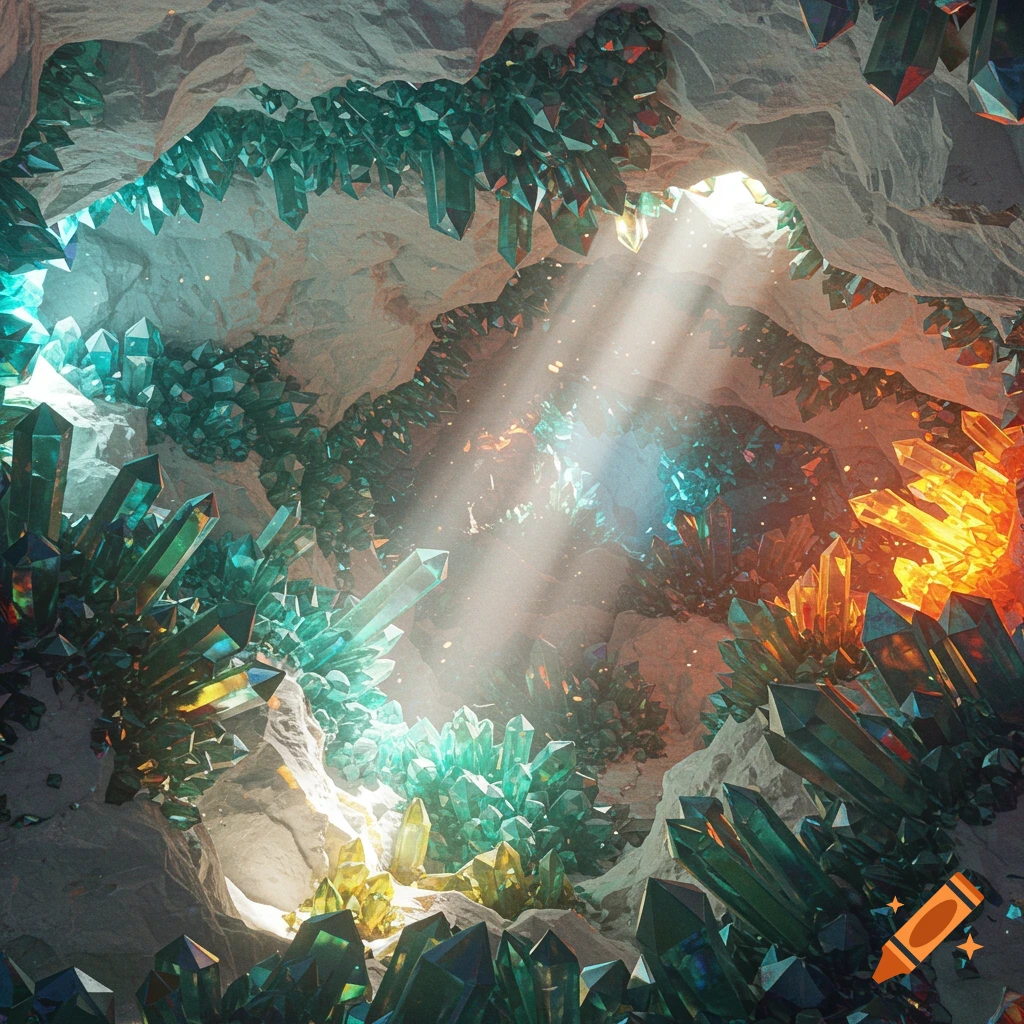 A vibrant, cartoon-like crystal cave illuminated by beams of light, with green, blue, yellow, and orange crystals.
