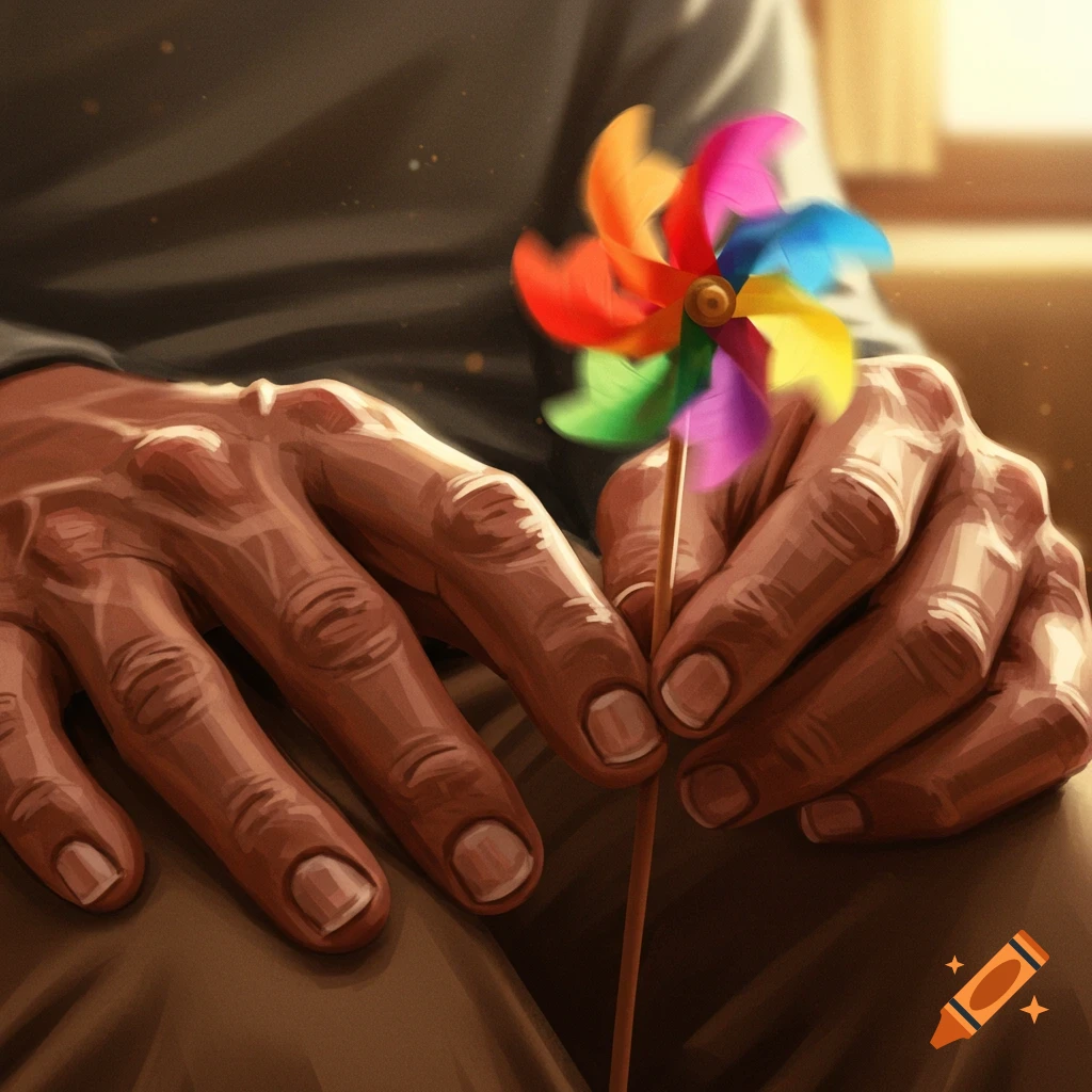Close-up of an older person's hands resting on a lap, one holding a colorful spinning pinwheel, with warm light.