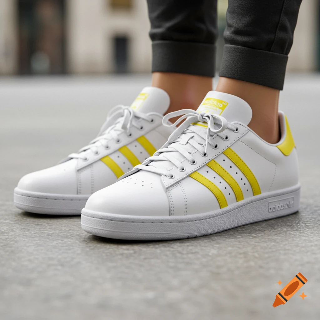 Photorealistic close-up of feet in white Adidas sneakers with yellow stripes on a paved surface.