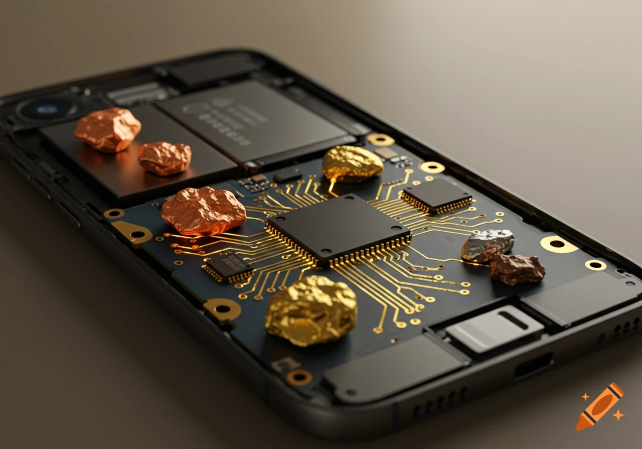 A photorealistic close-up of an opened smartphone revealing its internal circuit board with glowing golden traces and chips. Various ore nuggets like copper, gold, and silver rest on the board.