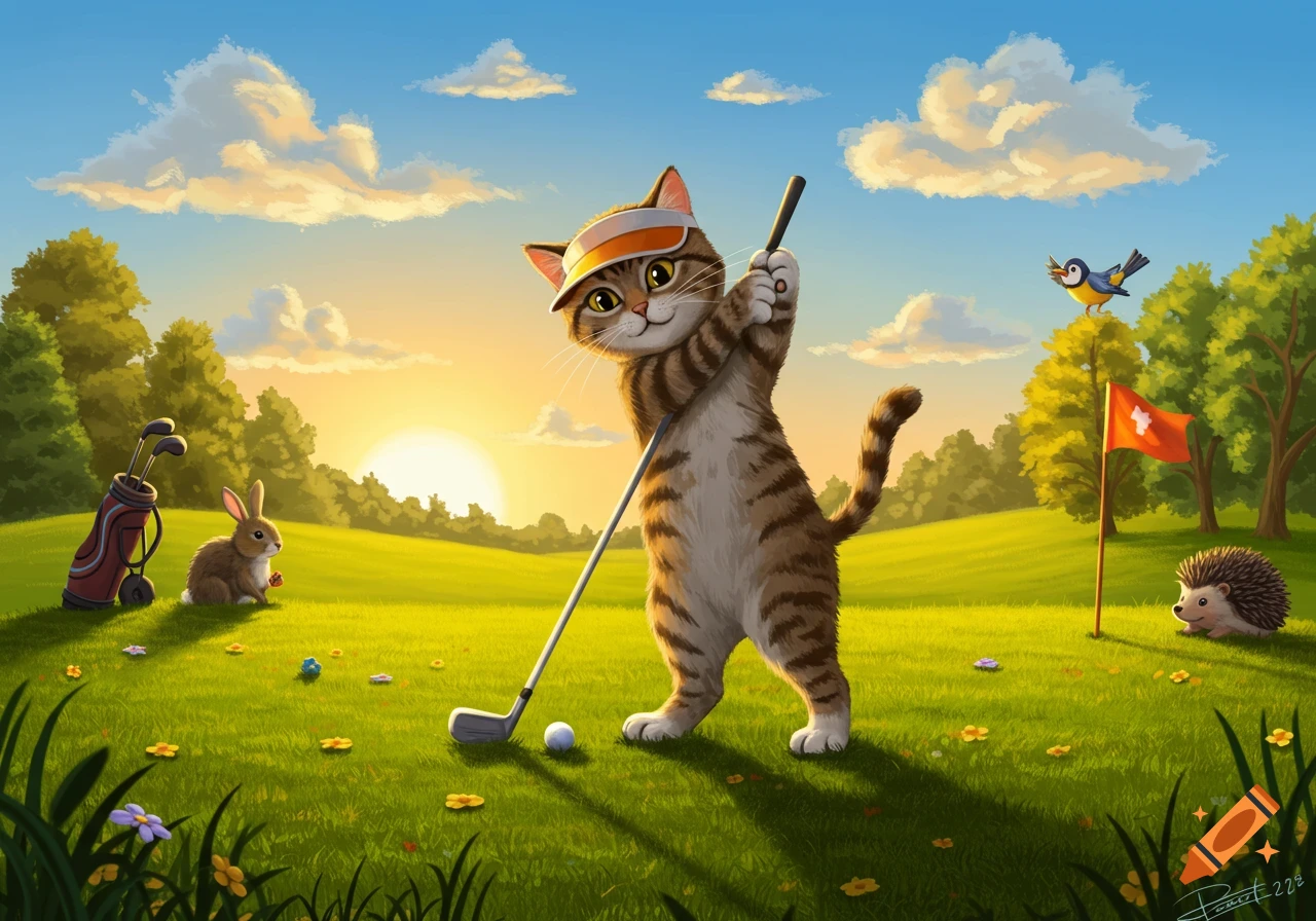 A cute cartoon tabby cat in a visor plays golf on a sunny course with a rabbit, bird, and hedgehog.