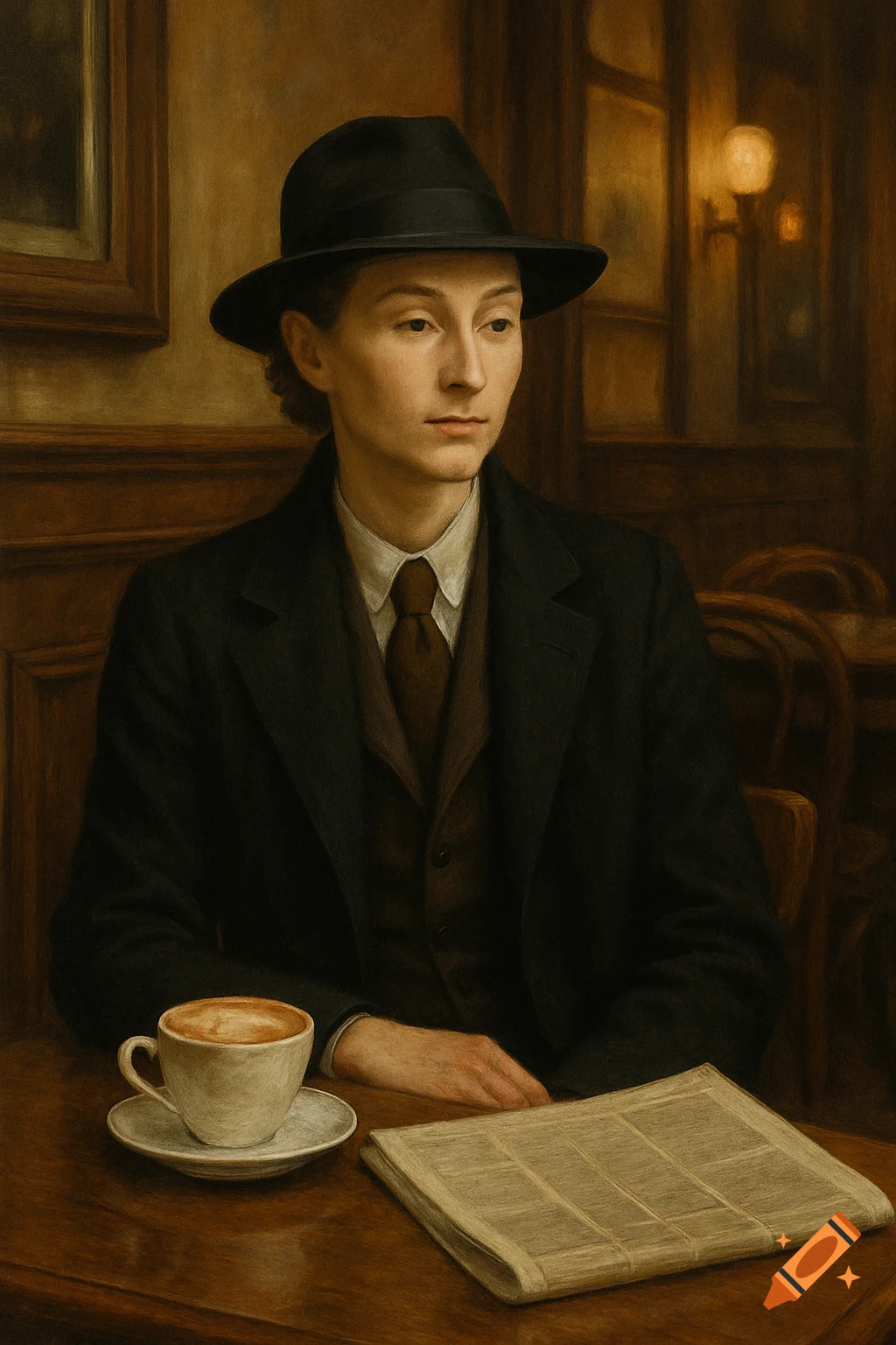 A person in a black fedora and suit sits at a cafe table with coffee ...