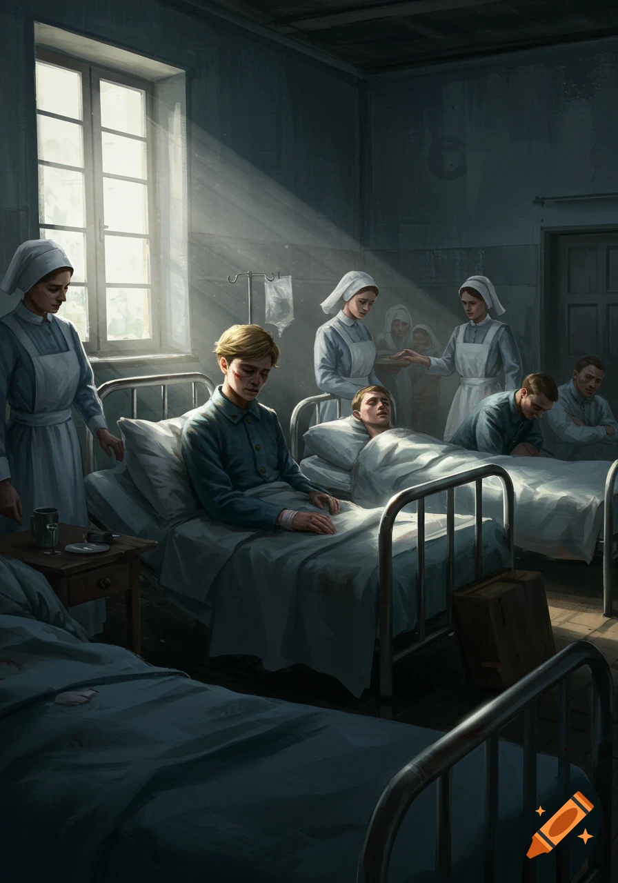 A digitally painted scene of a WWI hospital ward, with injured soldiers in beds and nurses attending to them, bathed in sunlight.