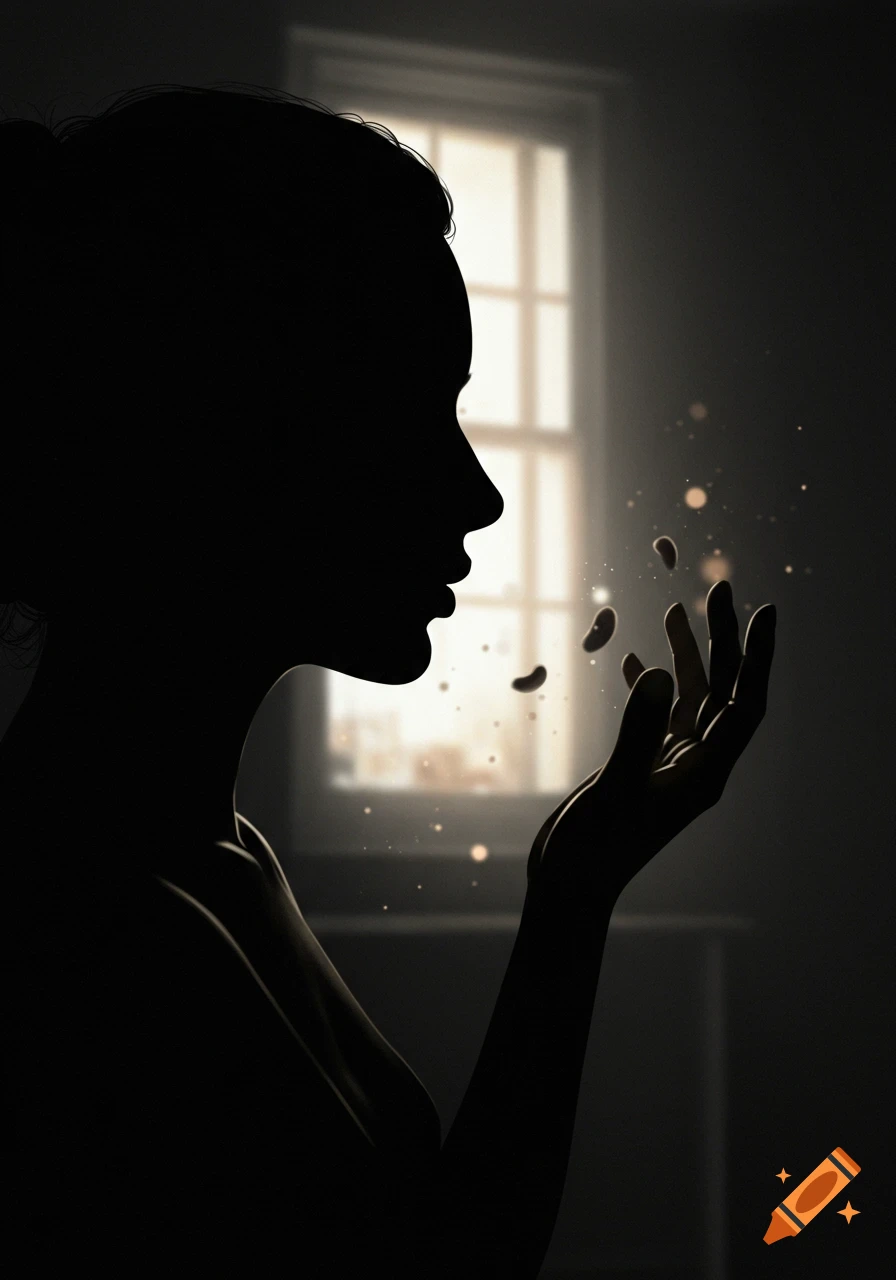 A silhouetted woman in profile reaches out her hand, catching glowing particles against a softly lit window in a dark room.