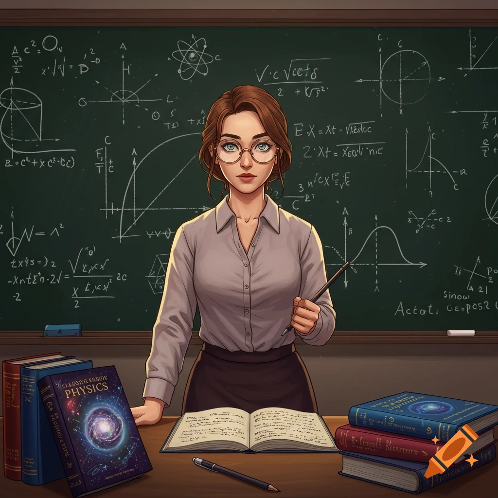 An anime-style illustration of a female physics teacher standing in front of a blackboard covered in equations, with books on a desk.