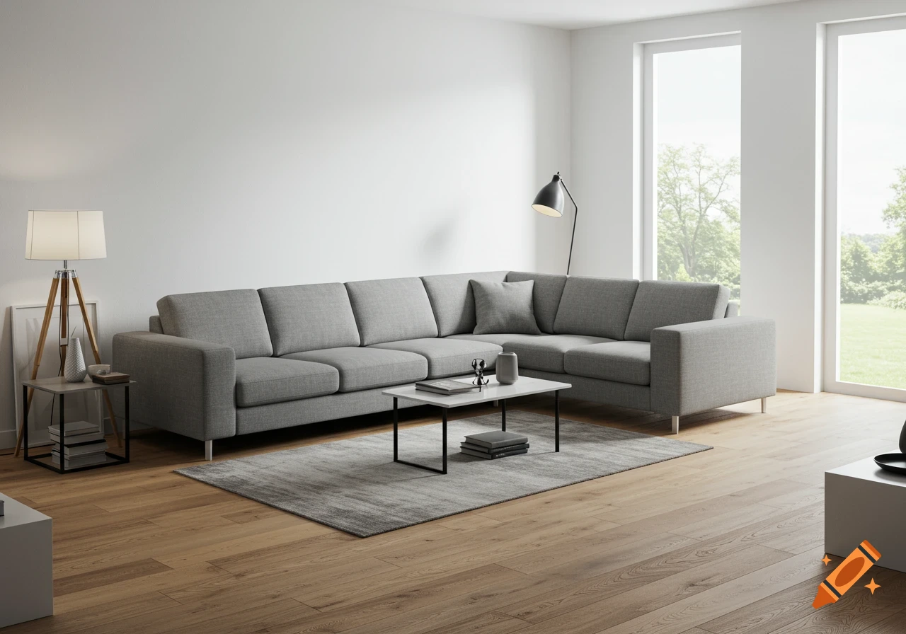 Spacious, modern living room with a large gray sectional sofa, white coffee table, and wood floors, with large windows.