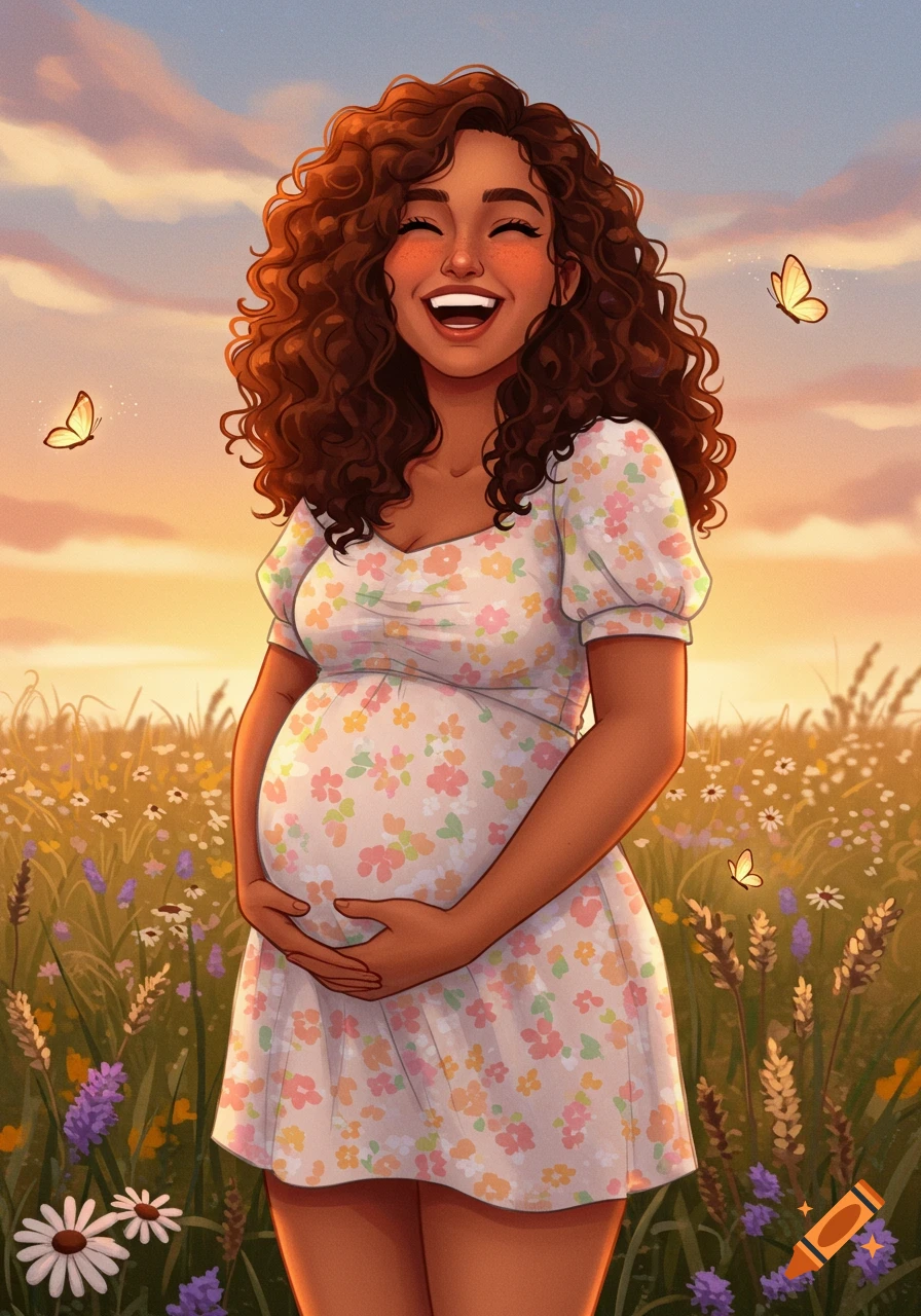 A smiling pregnant woman with curly hair, in a floral dress, stands in a wildflower field at sunset with butterflies, in a cute illustration style.