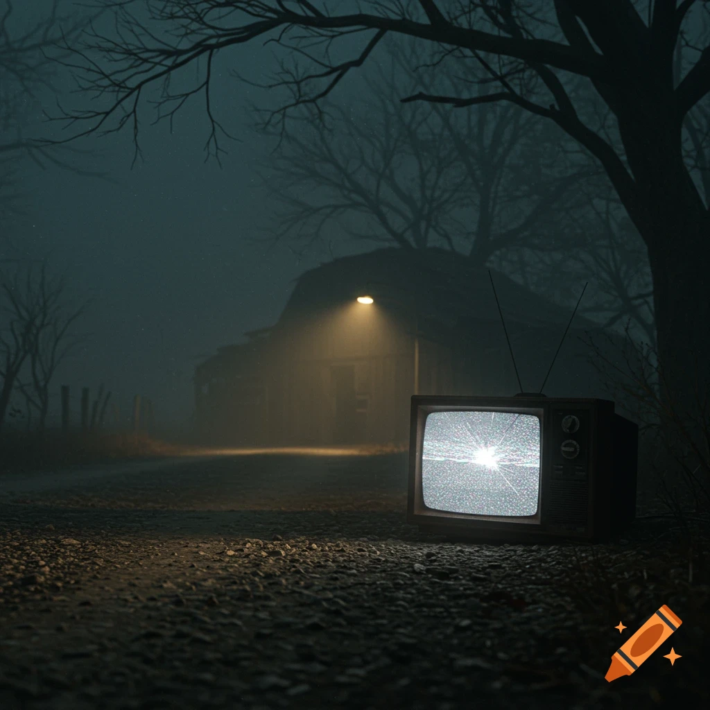 An eerie, foggy night scene with a broken, static-filled old television on a dirt road, in front of a dimly lit, dilapidated barn and bare trees.