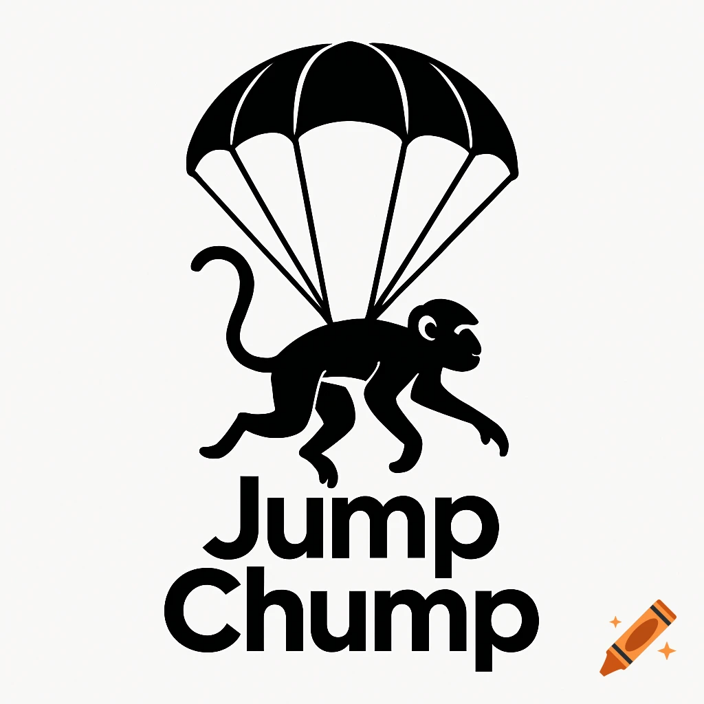A black logo of a monkey under a parachute with the text "Jump Chump" below.