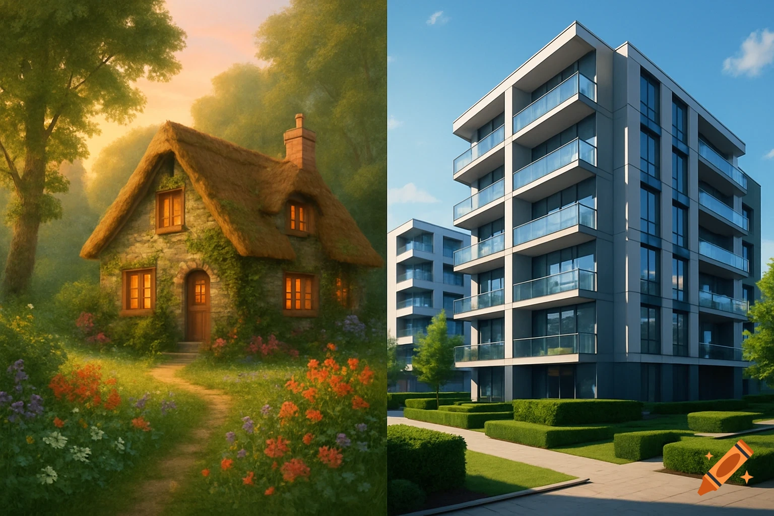 A diptych comparing a quaint fairytale cottage with a lush garden and a modern apartment building with glass balconies.