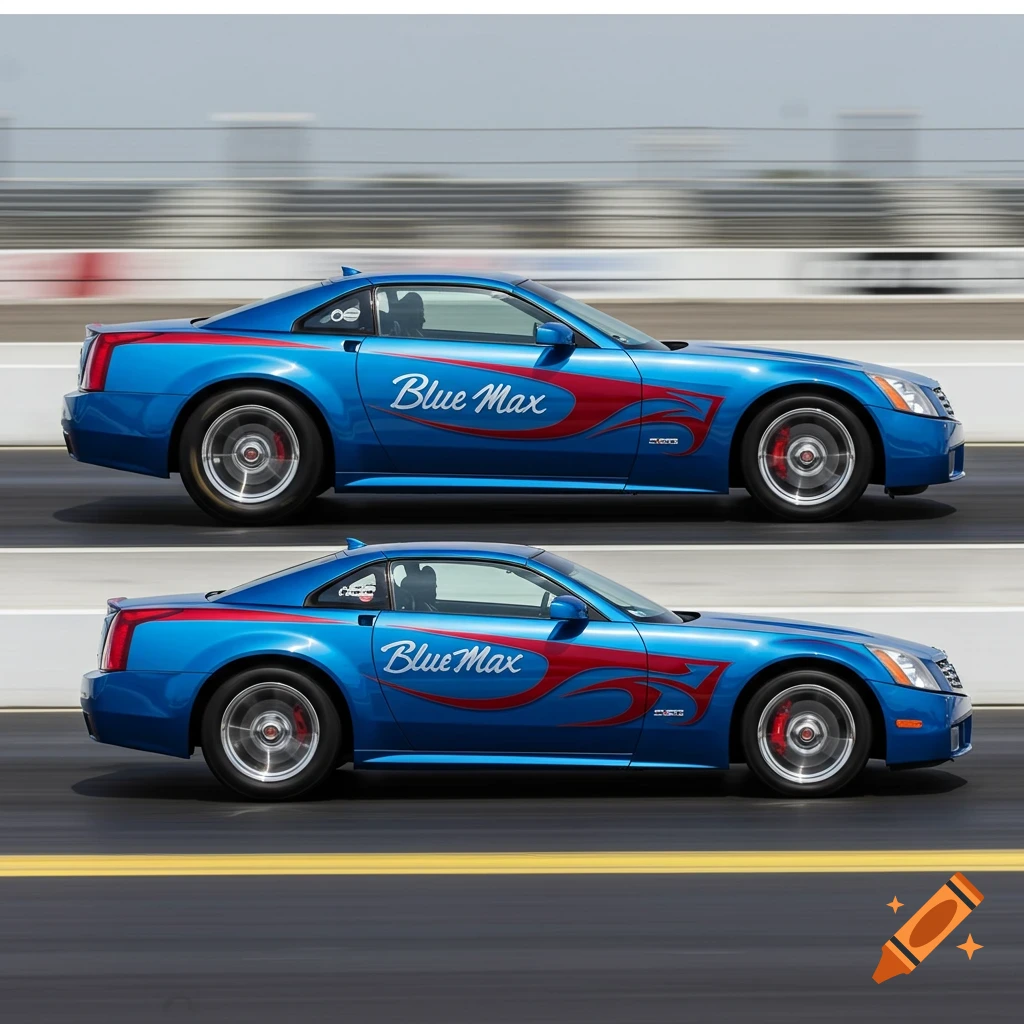 Two blue Cadillac XLR cars with red 'Blue Max' flame paint schemes racing side-by-side on a track.