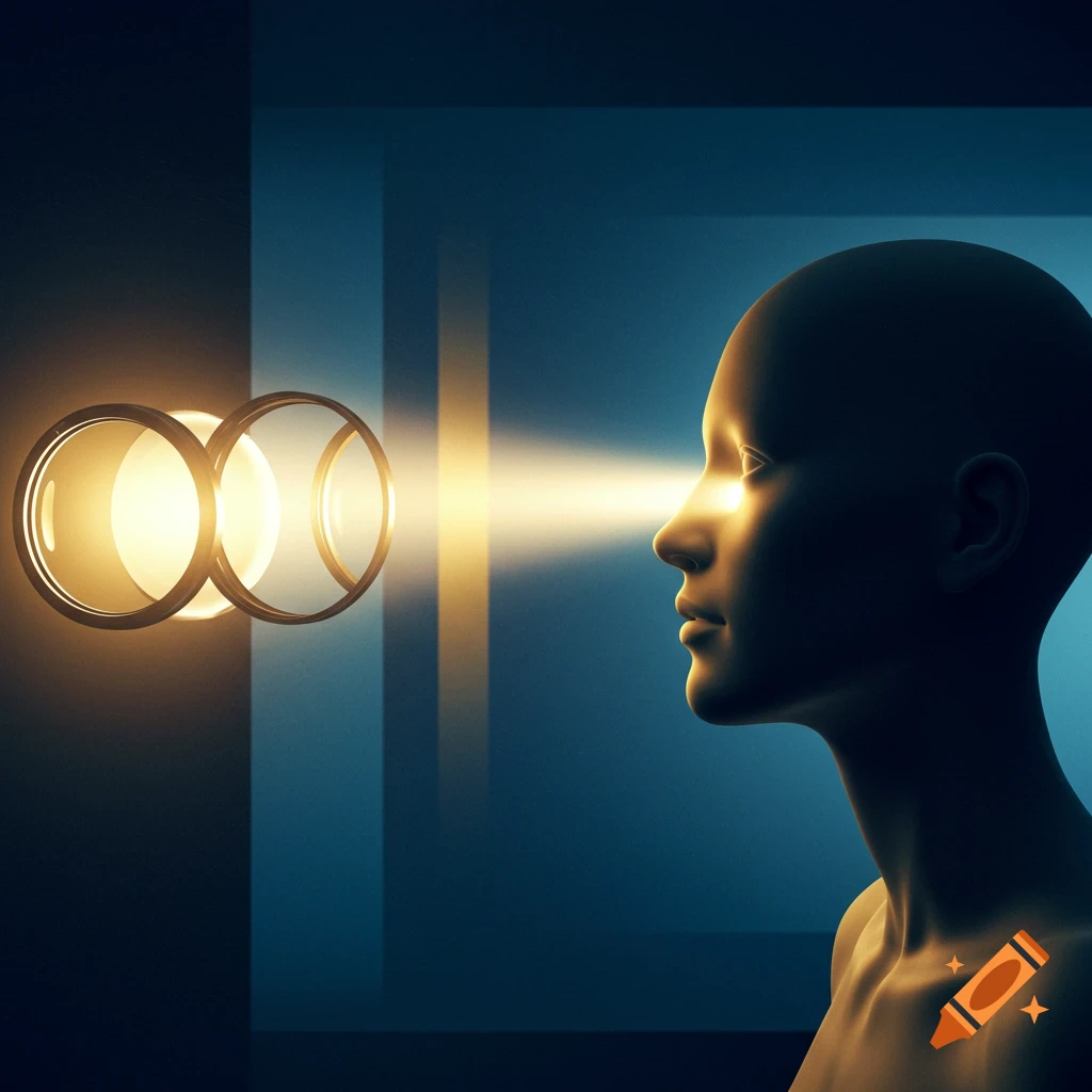 A stylized profile of a person with a bright beam of light from golden lenses shining onto their face against a blue background.