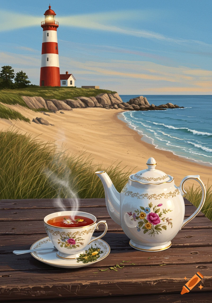 A steaming teacup and a decorative teapot on a wooden table, with a sandy beach, blue ocean, and a red and white lighthouse in the background.