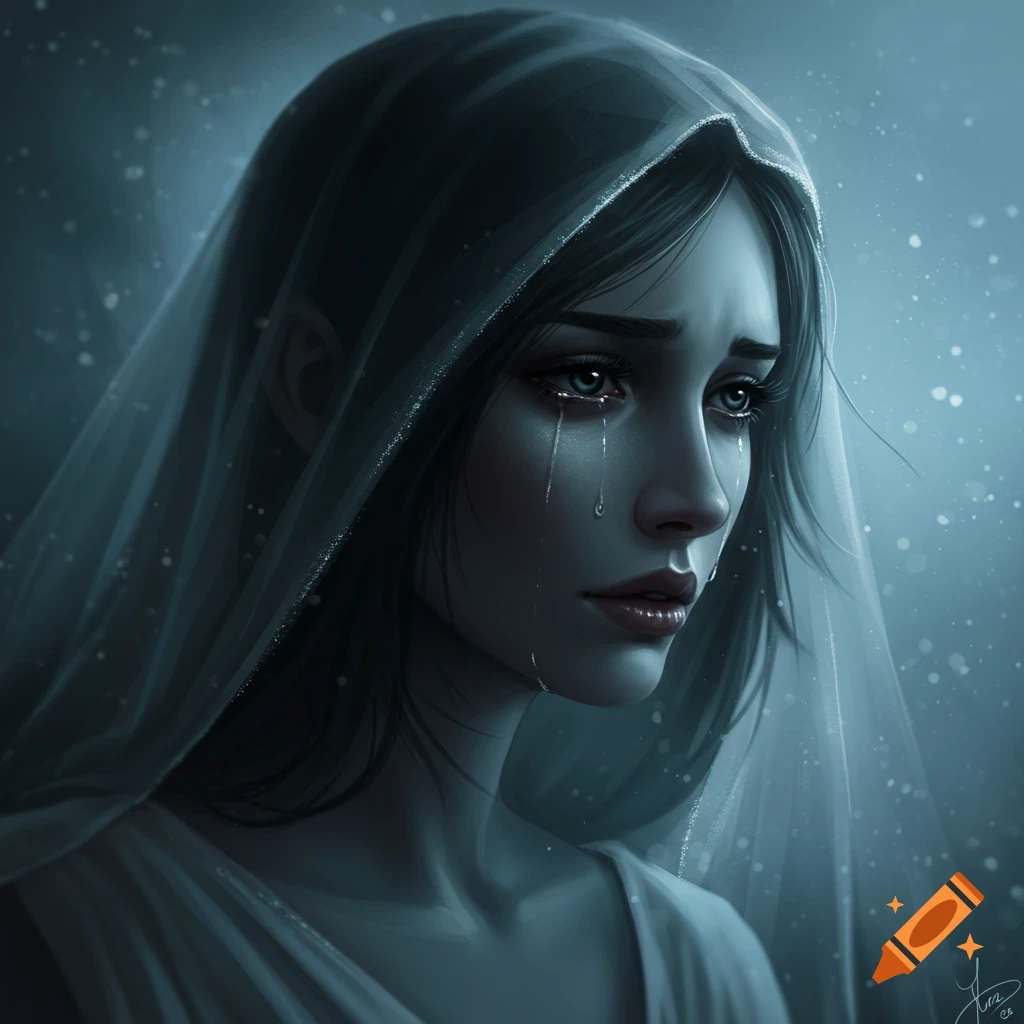 Digital painting of a sad woman crying, wearing a translucent veil, against a dark, ethereal background with falling specks.