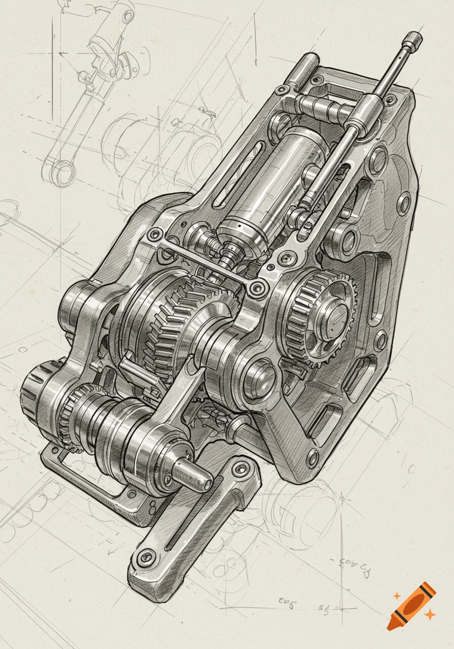 A detailed black and white sketch of an intricate mechanical object, revealing internal gears, pistons, and levers.
