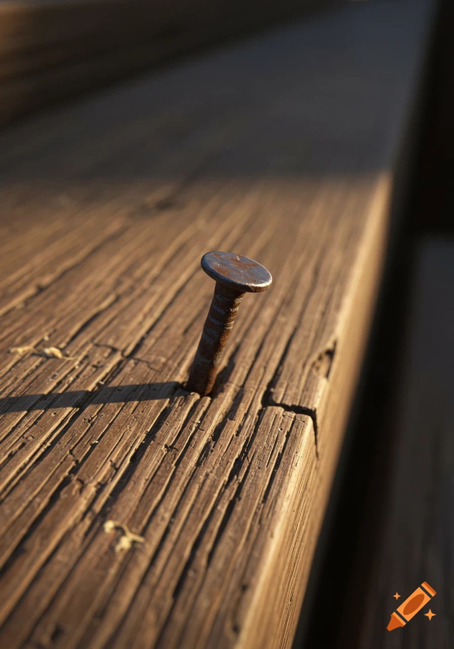 A close-up of a rusty nail partially embedded in a weathered wooden board, highlighted by sunlight.