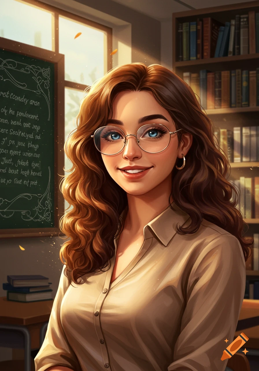 An anime-style illustration of a young female teacher with wavy brown hair, blue eyes, and glasses, smiling in a classroom with a chalkboard and bookshelf.