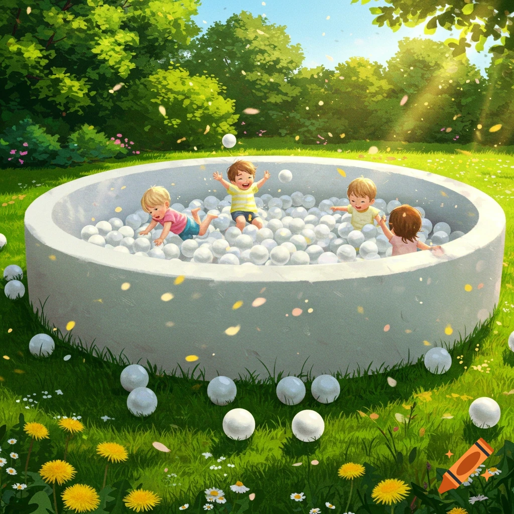 Illustration of four happy toddlers playing in a white ball pit on sunny green grass with trees and wildflowers.