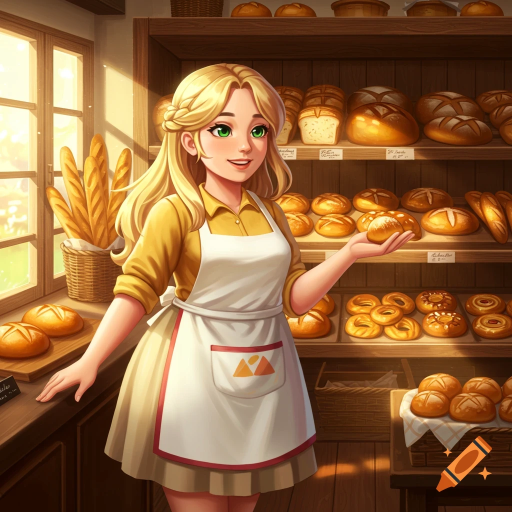 A blonde, green-eyed woman baker in a yellow shirt and white apron holds a fresh bun in a cozy, sunlit bakery filled with various breads, anime style.