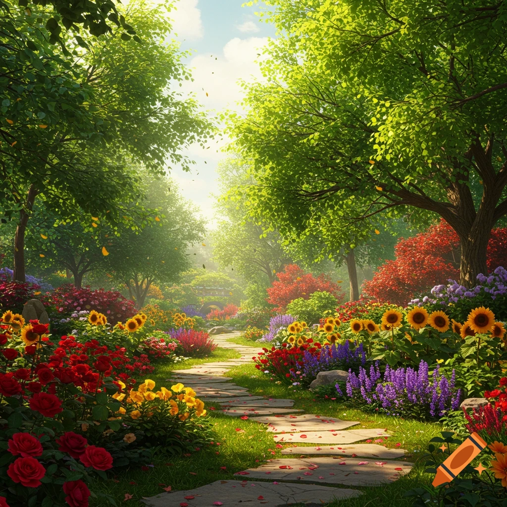 Vibrant garden path with colorful flowers including red roses ...