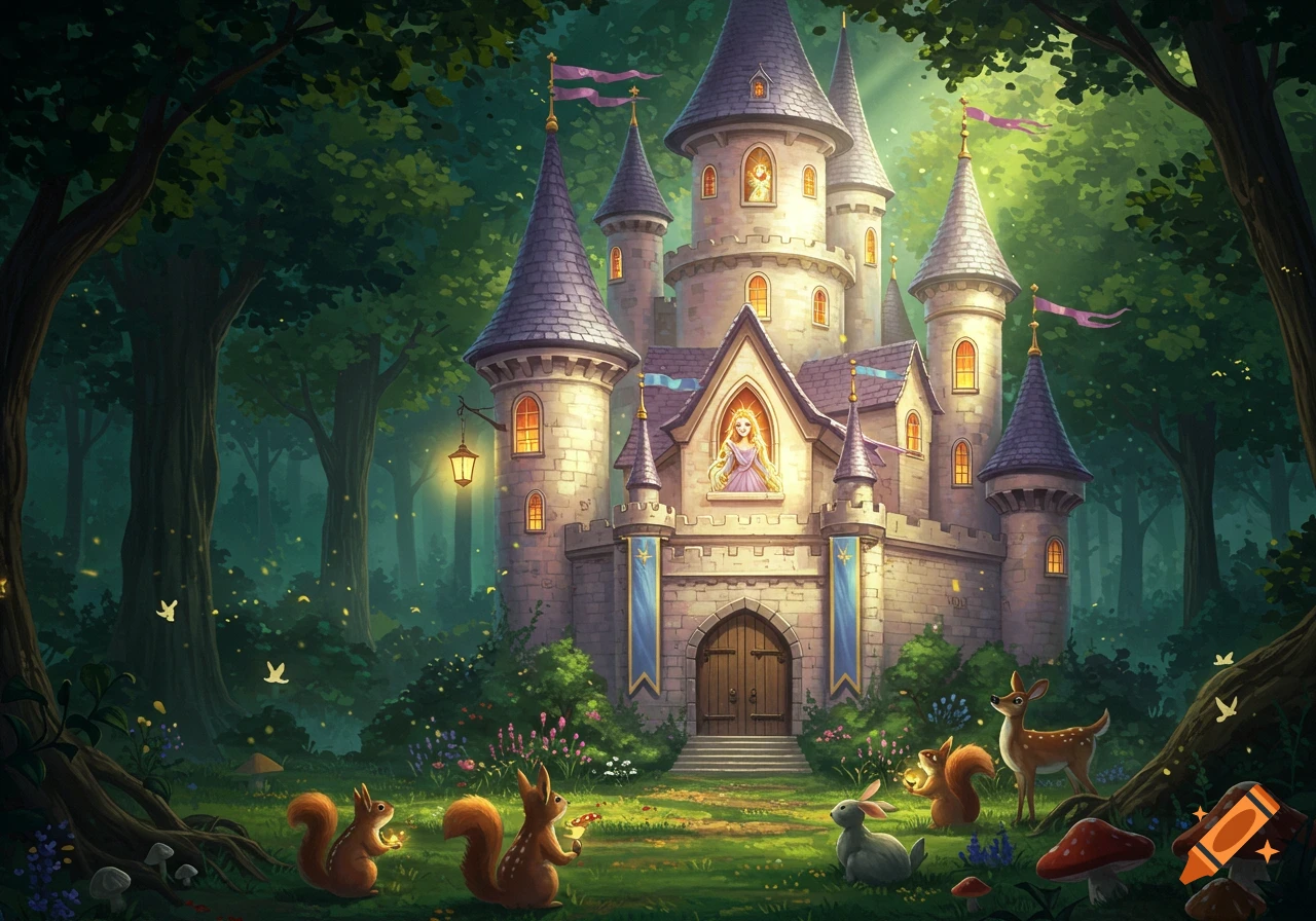 A whimsical fairytale castle with a princess in a window, surrounded by a magical forest with squirrels, a deer, and a rabbit.
