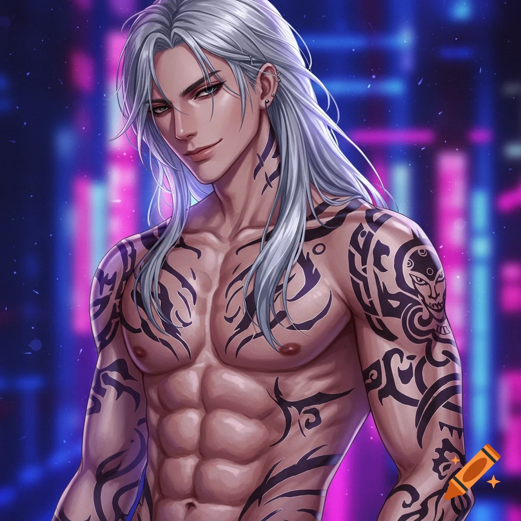 An anime man with long white hair, a muscular tattooed torso, and a sly expression against a neon city background.