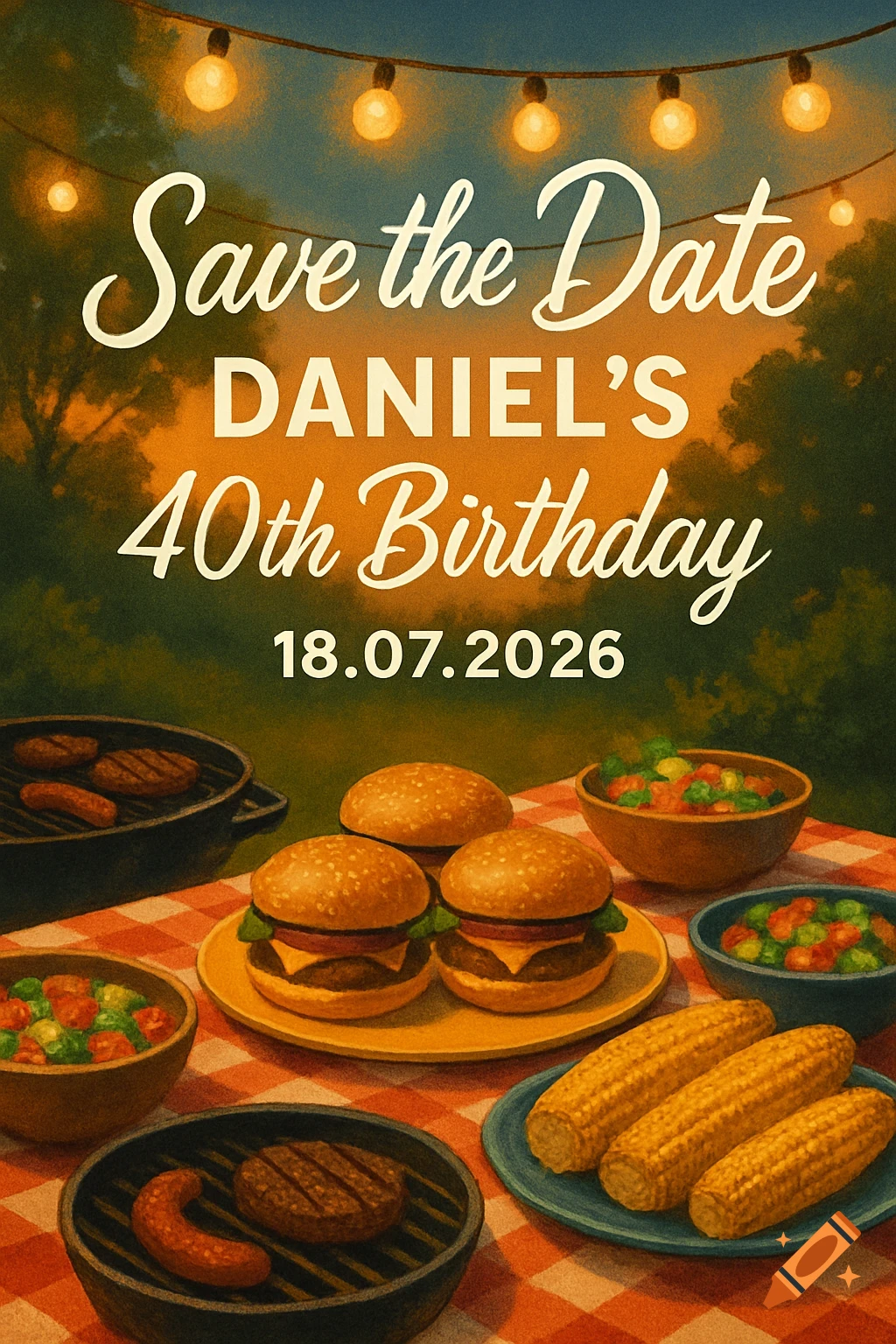 An illustrated birthday invitation for Daniel's 40th birthday with BBQ food and string lights.