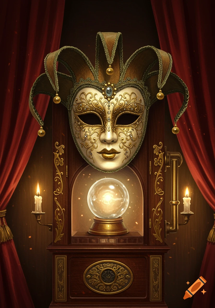 An ornate golden and brown Venetian jester mask sits atop a wooden fortune teller machine with a glowing crystal ball, flanked by lit candles and red curtains.