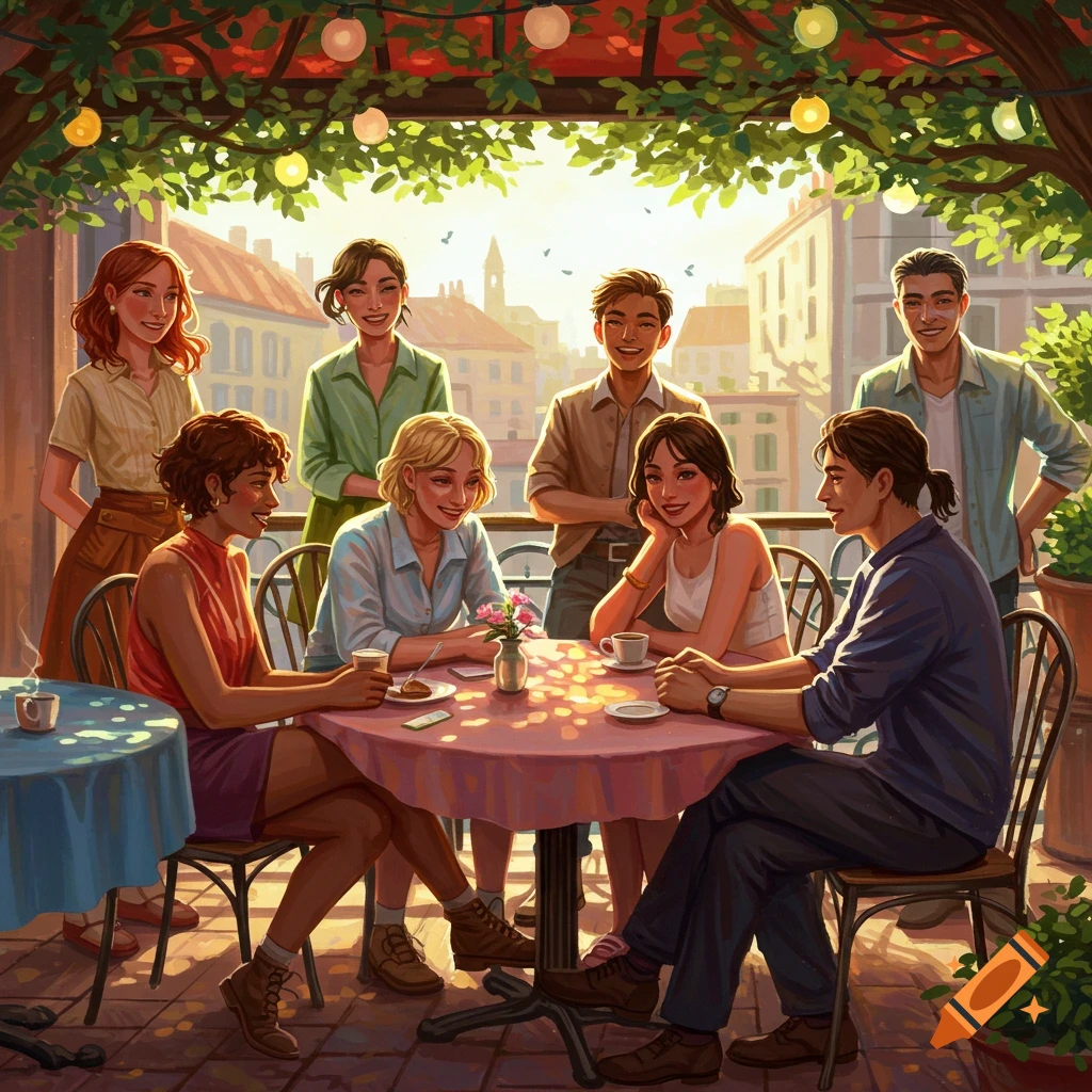 An illustration of a diverse group of friends smiling and talking at an outdoor cafe patio, bathed in warm sunlight.