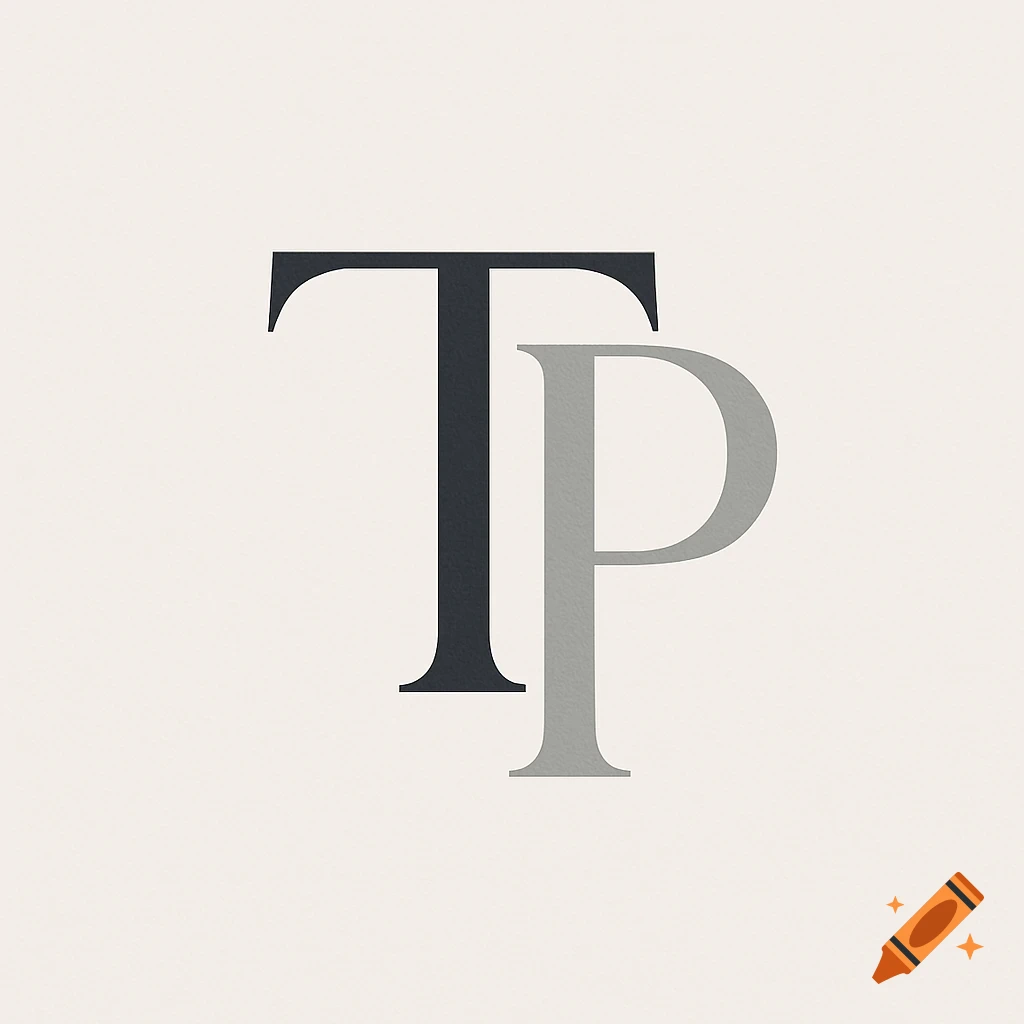 A minimalist logo featuring an overlapping dark gray 'T' and light gray 'P' on an off-white textured background.