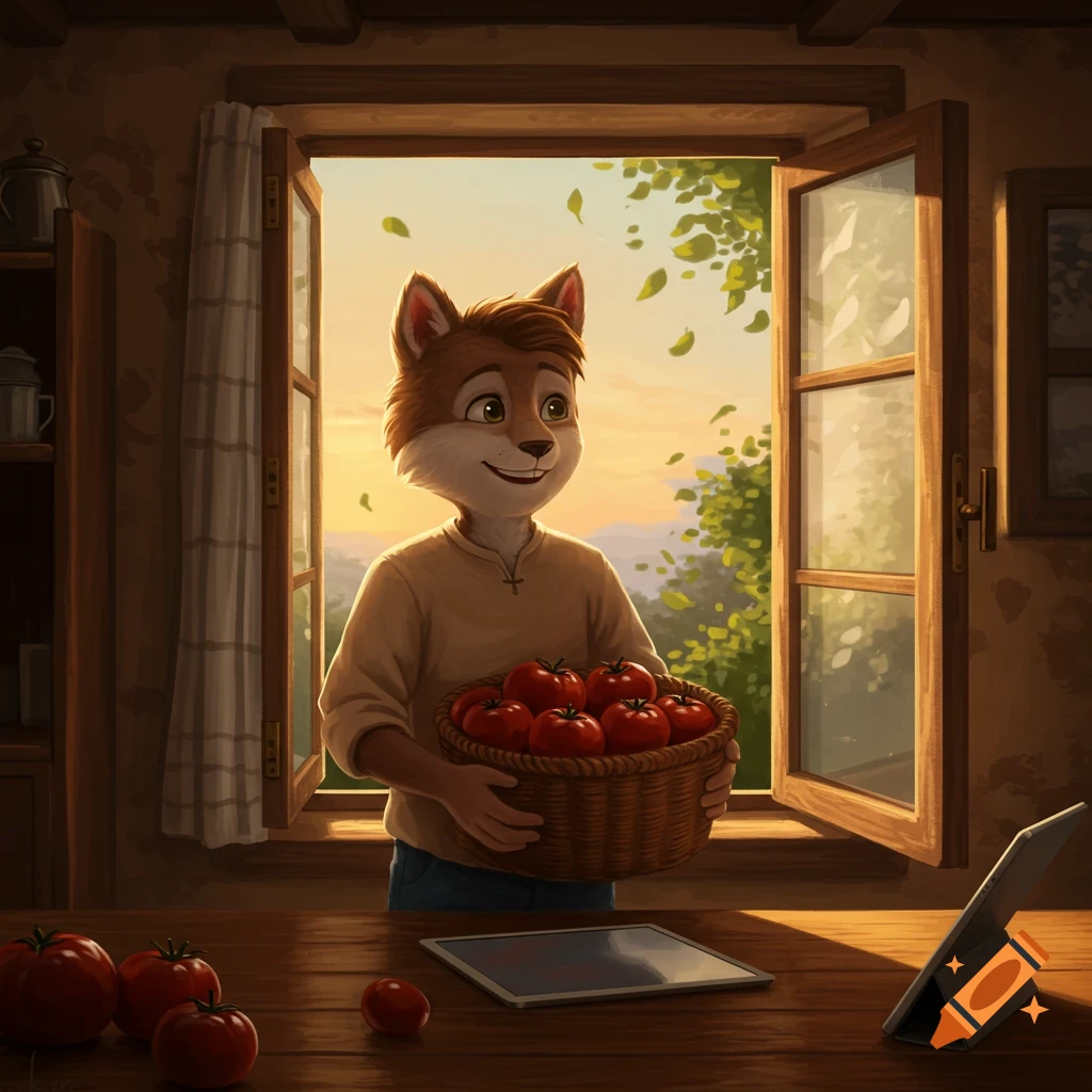 A smiling anthropomorphic fox, Max, stands by an open window in a cozy room, holding a basket full of red tomatoes. Tablets are on a wooden table.